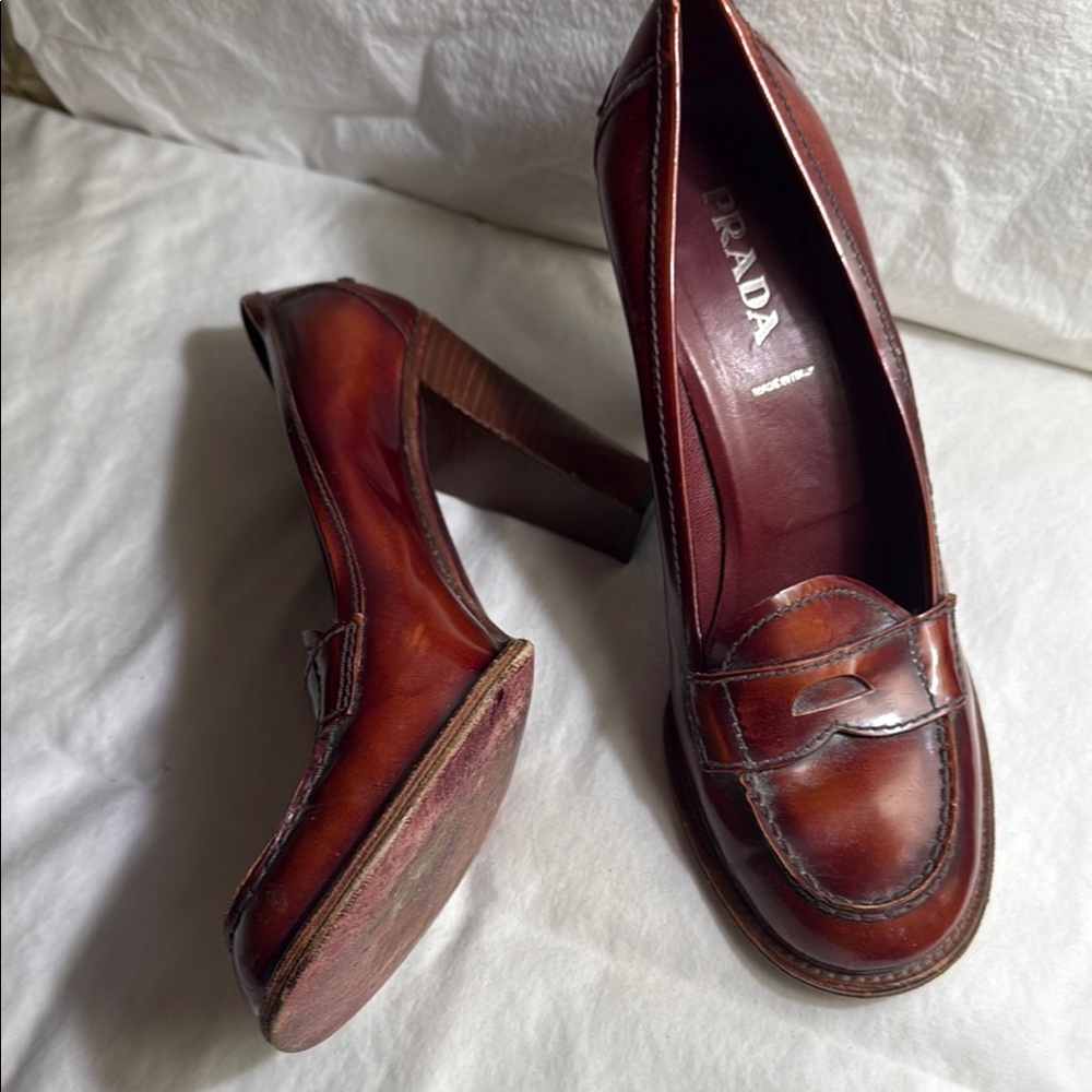 Prada Brown Leather Heels with Loafer Design